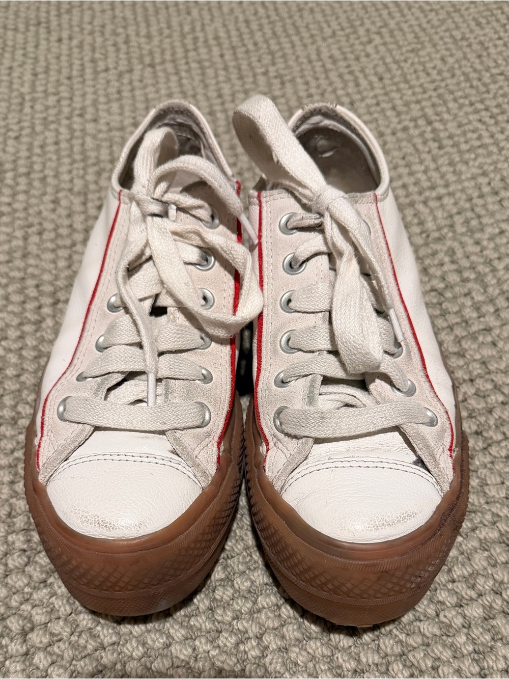 Converse Low-Top White Canvas Sneakers with Brown Sole and Red Trim